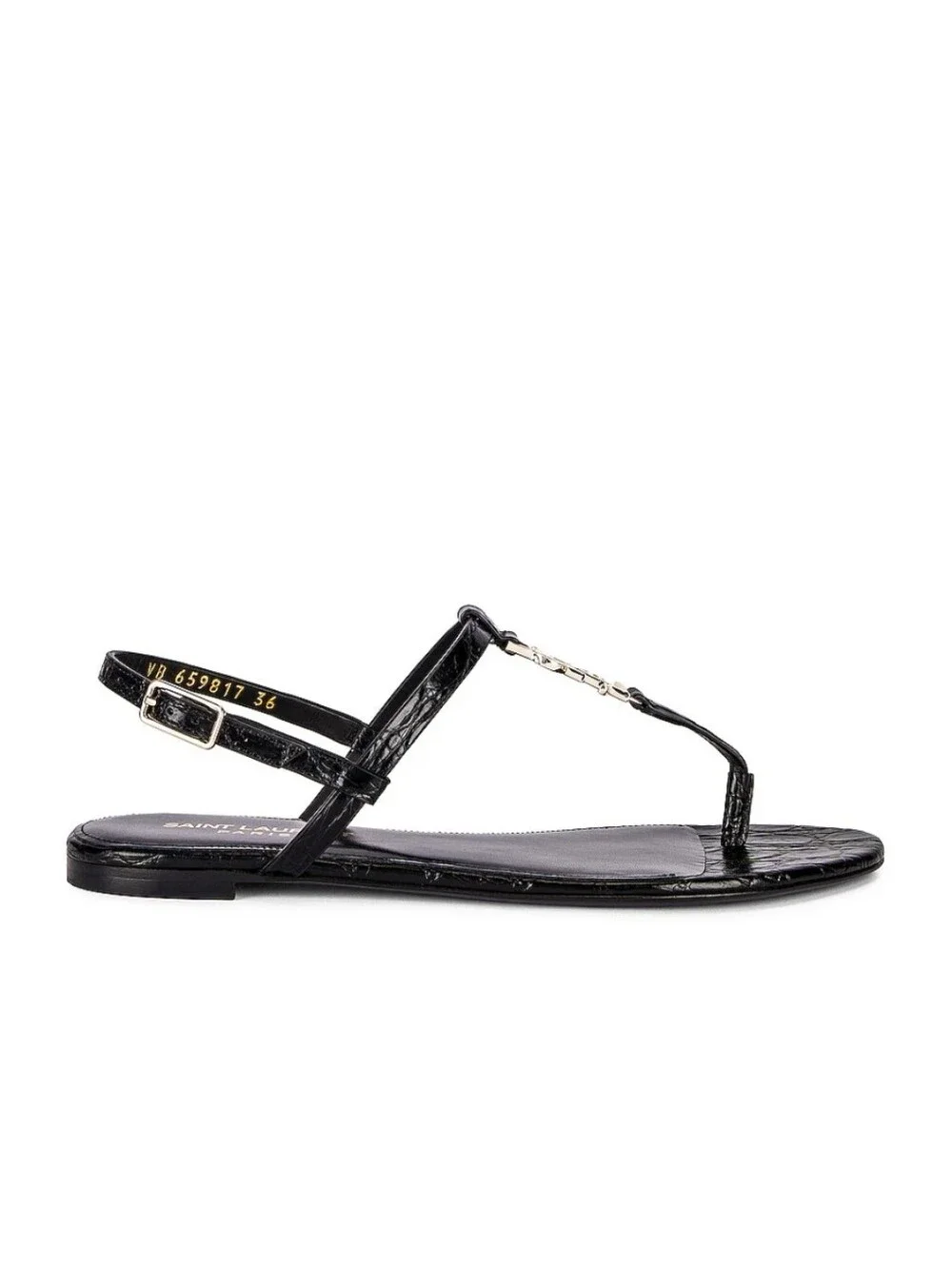Saint Laurent Cassandra Embossed Croc Flat Sandals Black Size 6.5